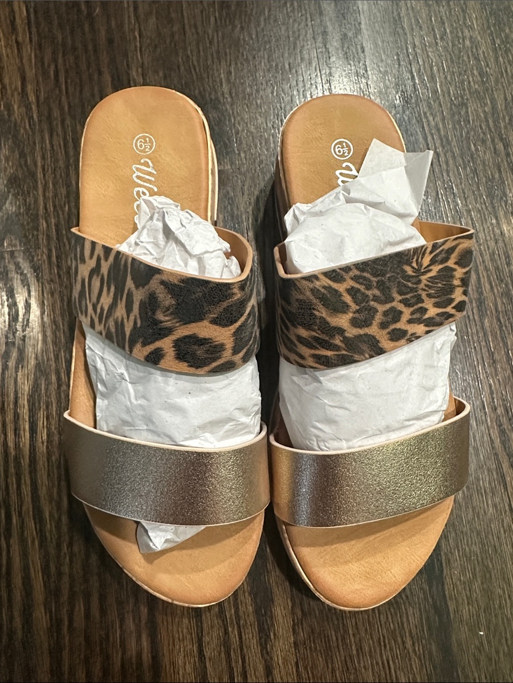 Leopard Print and Rose Gold Double-Strap Slide Sandals